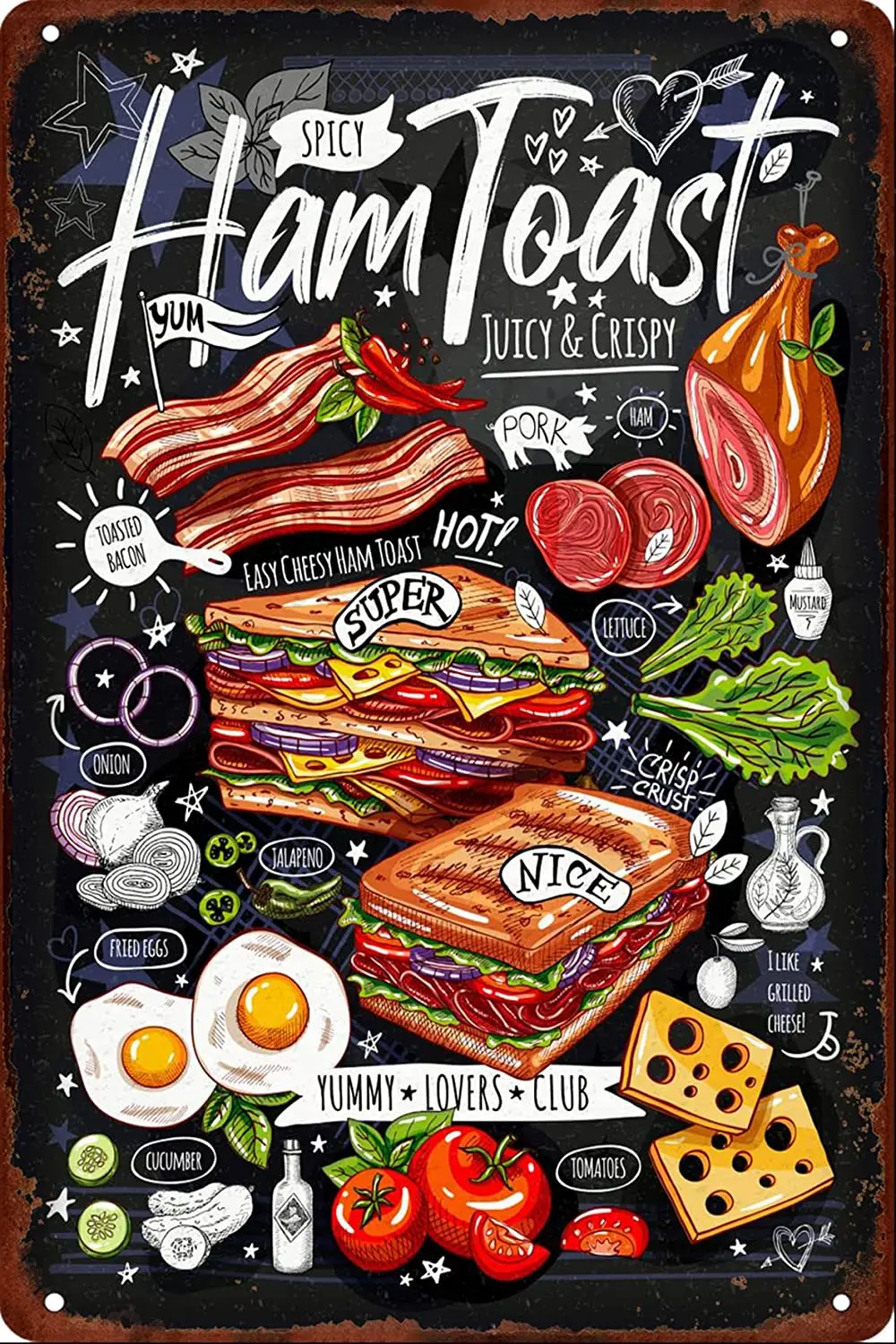 

Toast Sandwich Yummy Lovers Club Retro Metal Tin Sign Vintage Art Home Bar Kitchen Cafe Shop Wall Decor Metal Plaque