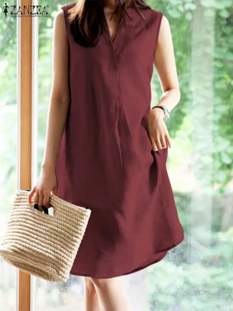 

ZANZEA Summer Elegant V Neck Solid Knee-length Dress Women Casual Loose Sundress Sleeveless Sarafans Beach Vestido Robe Femme