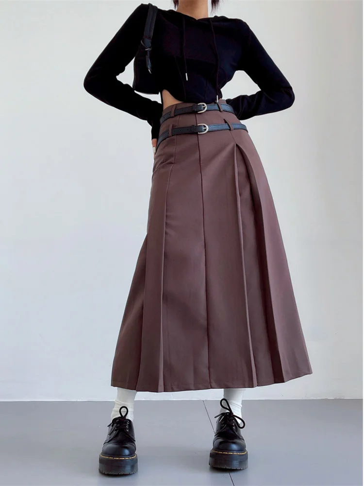 

Sweet Grey Suit Pleated Long Skirt Women Autumn Winter High Waist Slim Long Skirt Fashion Korean Women Blet PD06