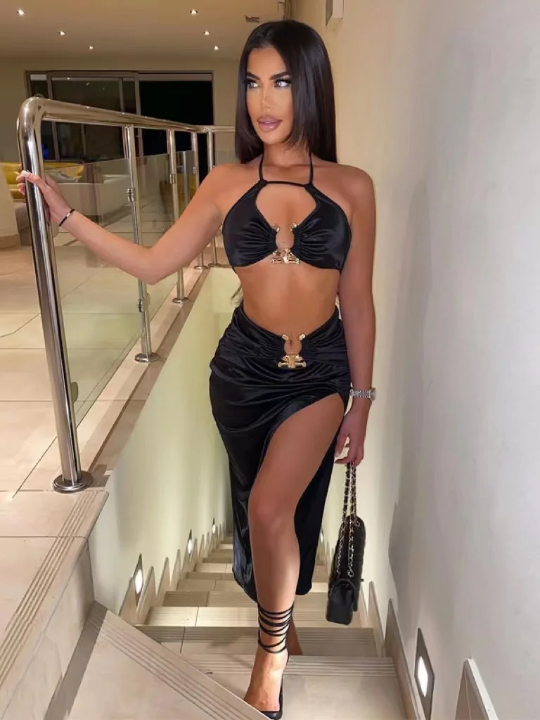 

Sexy Satin Y2K Outfits 2 Piece Sets Lace Up Sleeveless Backless Crop Top High Waist Side Slit Bodycon Midi Dress Set Club Party