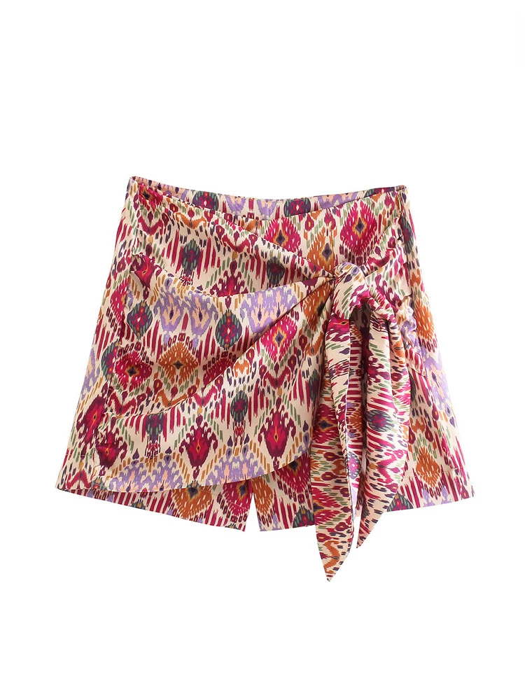 TRAF Women Fashion with Knotted Totem Print Shorts Skirts Vintage High Waist Side Zipper Female Skirts Mujer Casual Swimwear