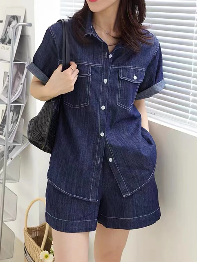 

FTLZZ Summer Women Denim Suit Single Breasted Denim Jacket Top and Empire Slim Wide Leg Shorts Casual Lady Denim Two Piece Sets