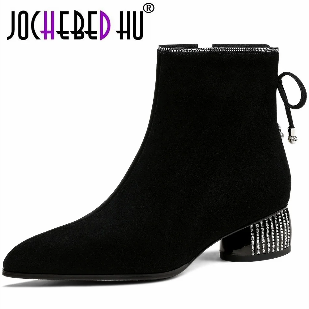 

【JOCHEBED HU】Cow leather pointed toe slip-on flats med heel Winter ankle boots black slim elegant ladies short boots 33-43