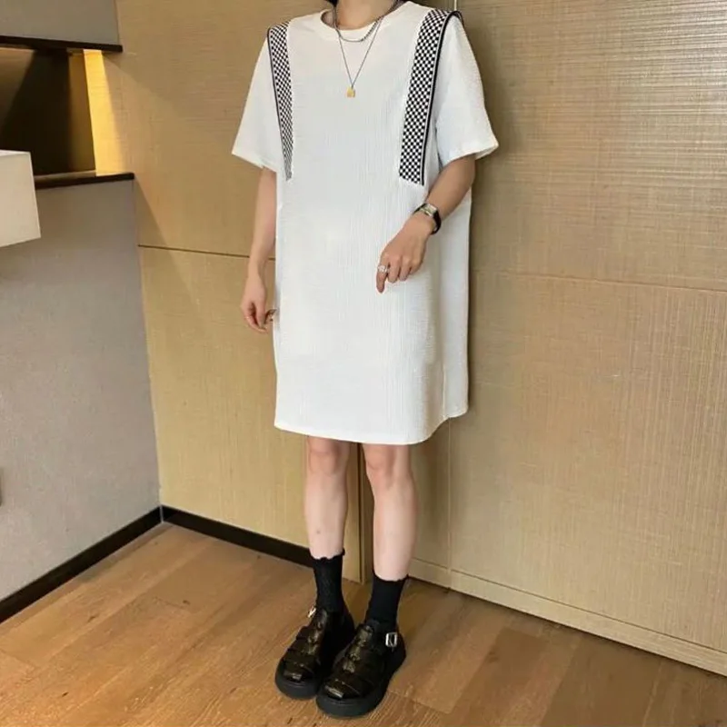 Black White Versatile O-Neck Splicing Chessboard Grid Loose Half Sleeve Mid Dress Summer Women Plus Size Casual Straight Dresses