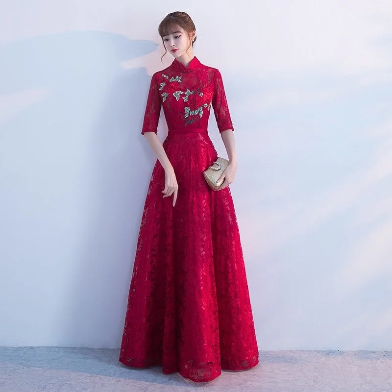 Sheng Coco Chinese Clothes Bride's Wedding Slim Long Red Chinese Half Sleeve Cheongsam Dresses Dignified Atmosphere Gown