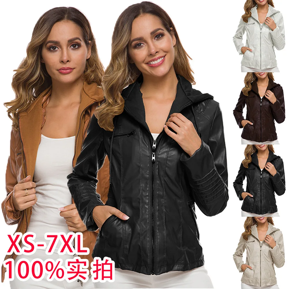 Hooded Jacket Lapel Solid Zipper Leather Jacket Short Coat Women Skinny Vintage Fashion Faux Leather  Jaqueta Feminina Jackets