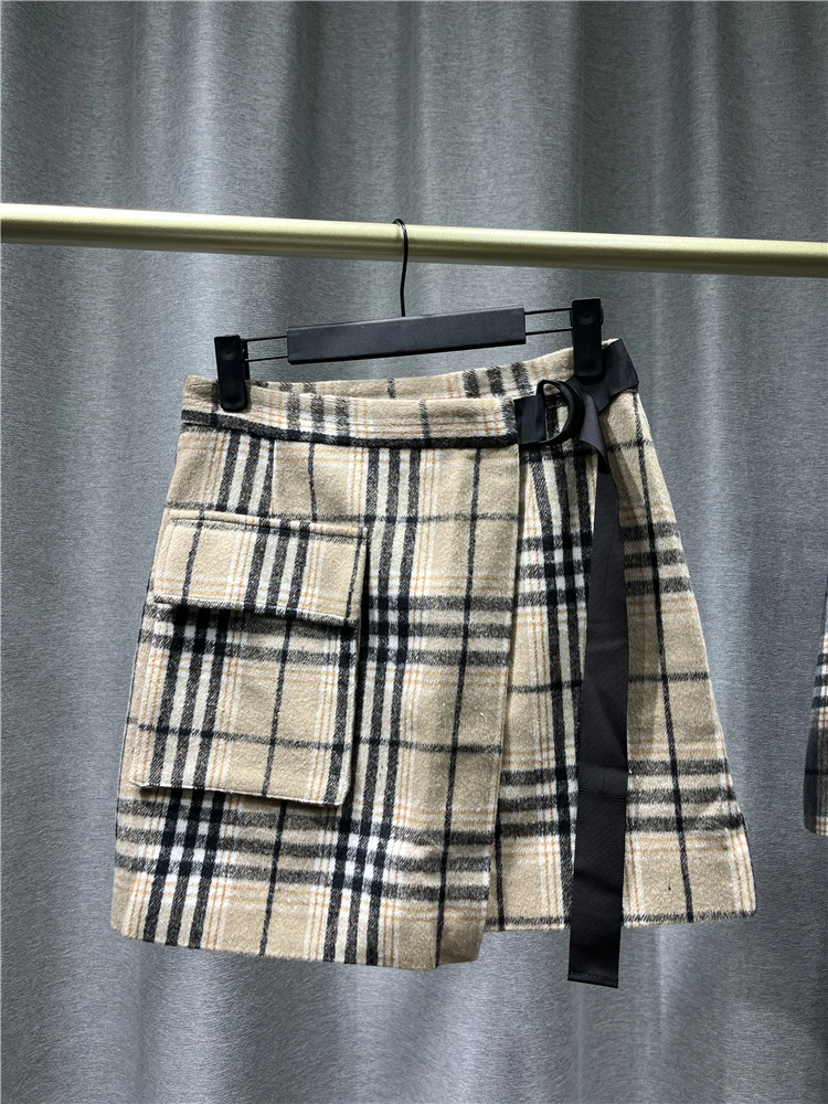 

New Summer Products Woman Skirt Casual Plaid Cotton Back Zip Placket Ultra Short Skirt Front Double Layer Design Belt Decoration