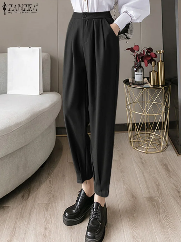 

ZANZEA Fashion Solid Color Cropped Pants Women High Wasit Pleated Trousers Korean 2023 Spring Casual Loose Office Lady Pantalon