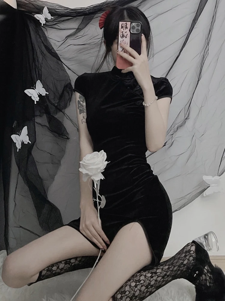 

Harajuku Diablo Style Streetwear Black Mini Dresses Vintage Turtleneck Buckle High Waist Slim Short Sleeve Slit Cheongsam Dress