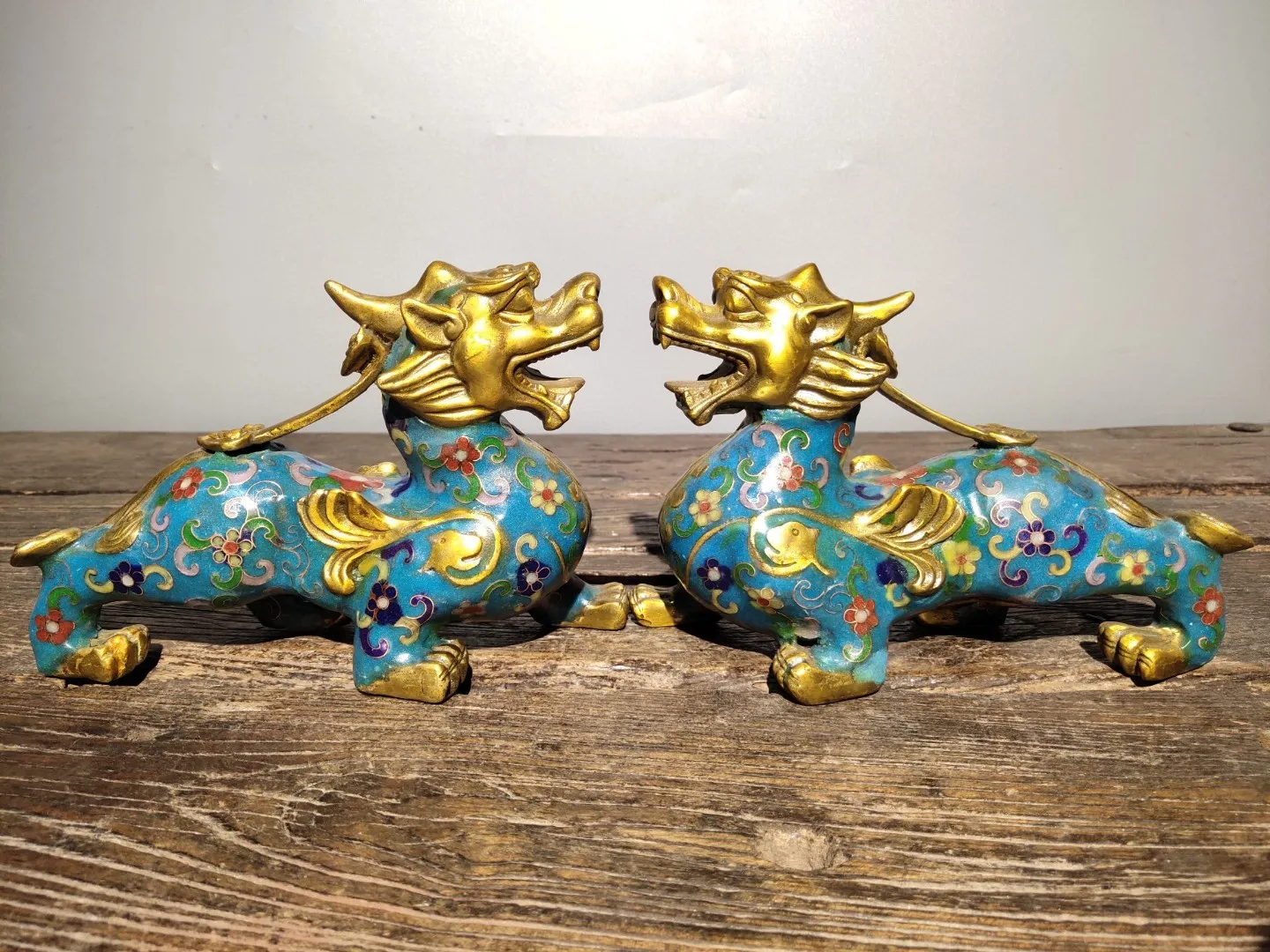 

8" Tibetan Temple Collection Old Bronze Cloisonne Gilt Kirin Unicorn Statue a pair door god ornament Town house Exorcism