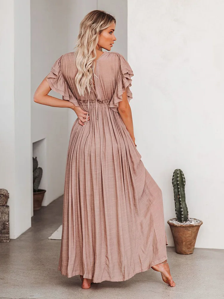 Женское платье макси с открытой спиной оборками глубоким V-образным вырезом и