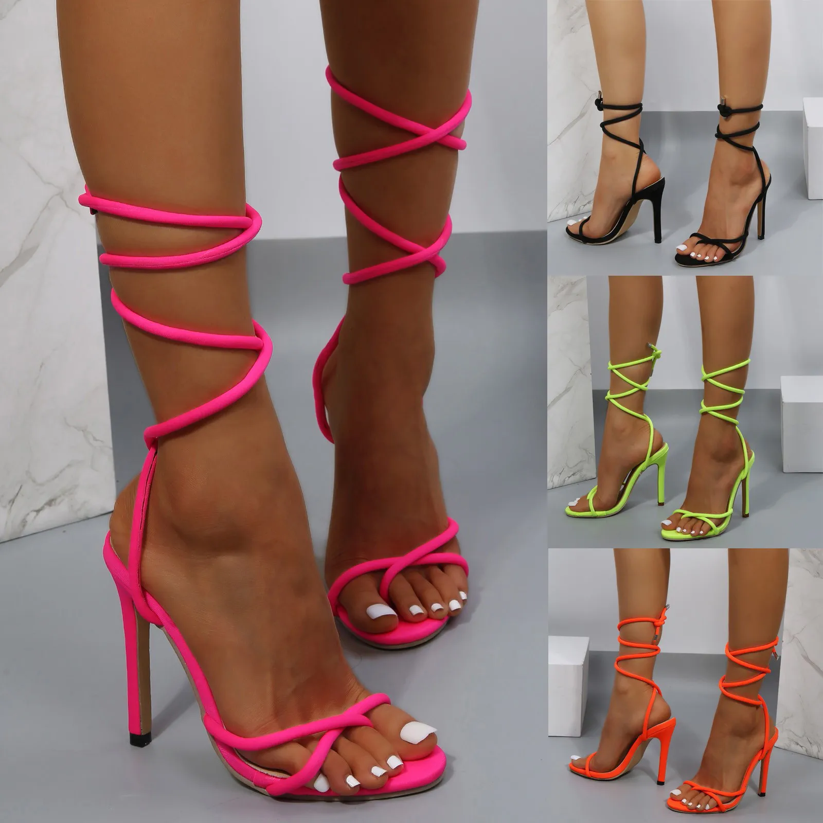 Сандалии женские из флока удобная обувь на тонком высоком каблуке дышащие