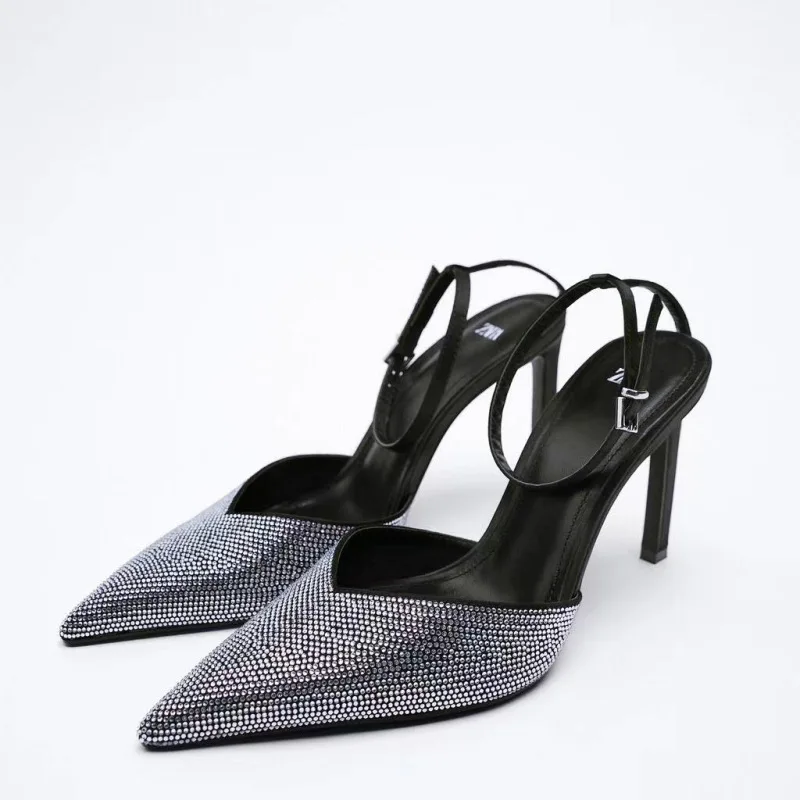 

ZARZ 2022 Summer New Sparkly High Heeled Shoes Women Fashion Party Ankle Strap Sexy Pumps Pointed Toe Sandals Bling Woman Shoes