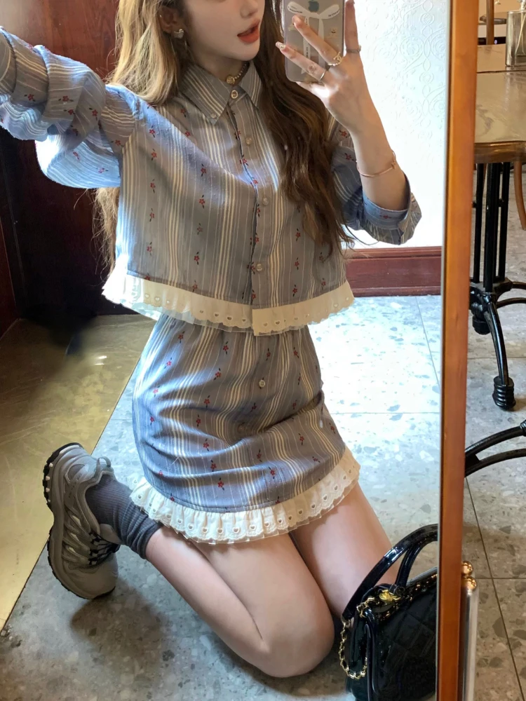 

Autumn Print Floral Two Piece Skirt Set Women Lace Elegant Kawaii Party Mini Skirt Suit Female Korean Fashion Sweet Suit 2023