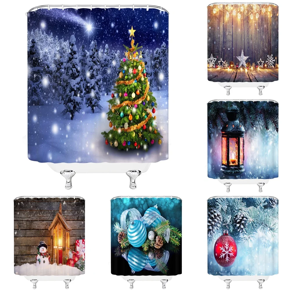 

Merry Christmas Shower Curtains Trees Snowman Santa Claus Snowflake Bathroom Curtain Fabric Polyester Waterproof Bath Curtain