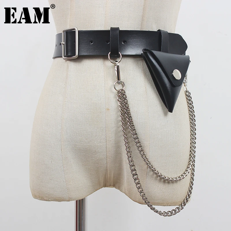 

[EAM] Pu Leather Black Pu Leather Chain Wide Belt Personality Women New Fashion Tide All-match Spring Autumn 2023 1DE0331