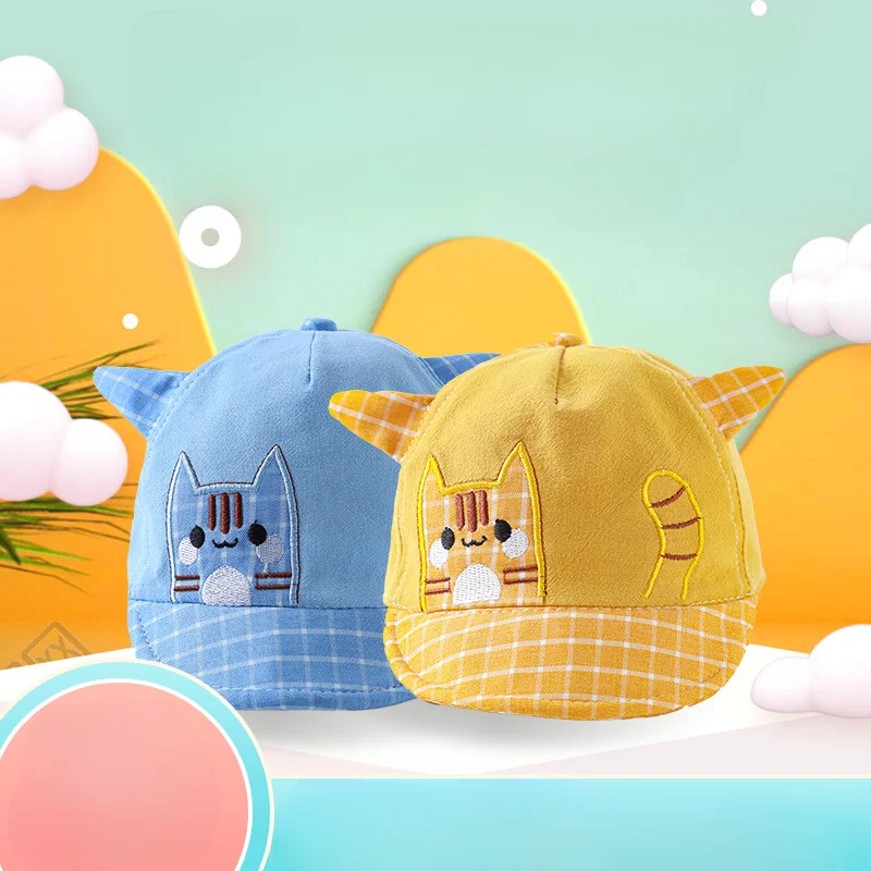 

Cartoon Plaid Print Baby Baseball Cap Cute Cat Embroidery Infant Girl Boy Sun Hat Spring Summer Cotton Kids Visor Cap With Ears