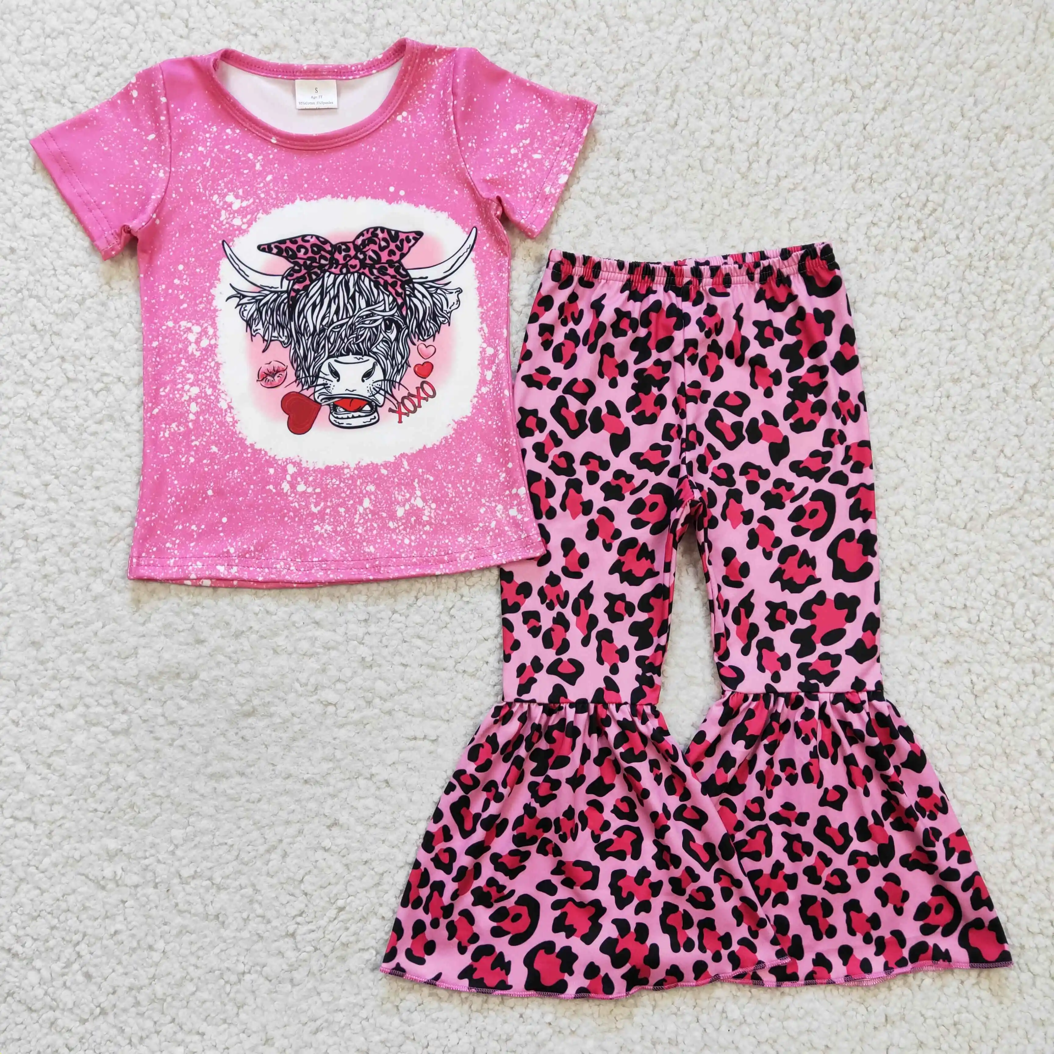 

children's boutique clothes short sleeve cattle pattern pink leopard print bell-bottoms 2 pcs kids clothing girls wholesale