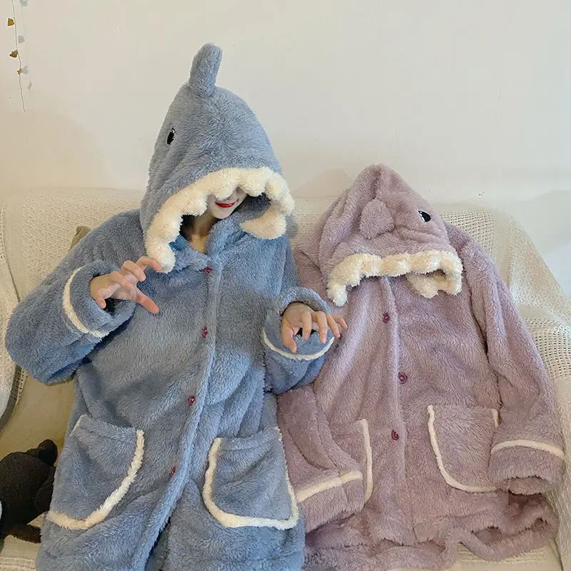 

QWEEK Women's Winter Pajamas Cartoon Home Clothes Kawaii Shark Pijamas Coral Fleece Home Suit Pyjamas Blue Purple Loungewear