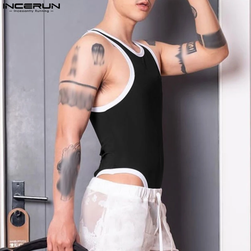 INCERUN 2023 Men Bodysuits Patchwork Skinny Sexy O-neck Sleeveless Rompers Tank Tops Cozy Pajamas Summer Male Bodysuit S-5XL