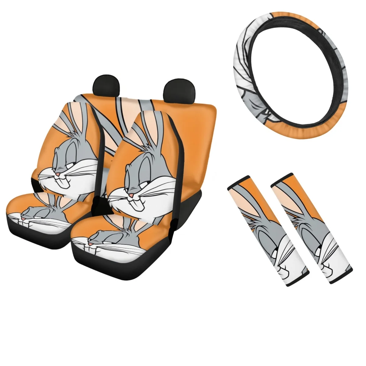

Car Seat Cover Full Set Cute Bugs Bunny Cartoon Steering Wheel Cover Comfortable Anti-Slip Fit Most of Auto Seat Belt Interior