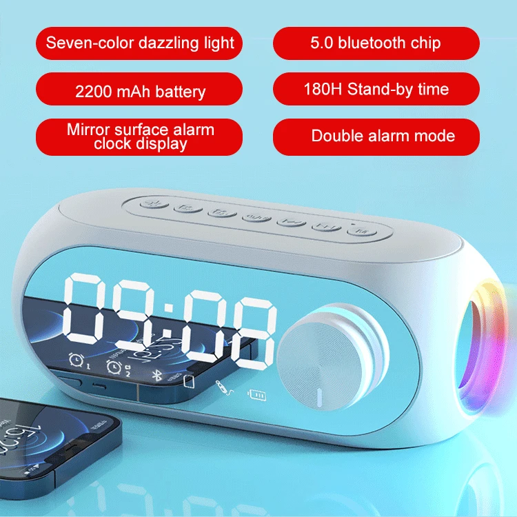 

Double alarm clock Bluetooth speaker Home Room Decora Alarm Clock With LED Display Smart Bluetooth Speaker FM Radio Colorful