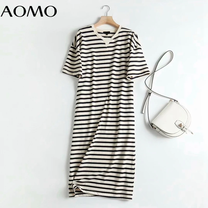 

AOMO 2021 Summer Women Striped Print T-shirt Dress High Quality Short Sleeve Ladies Midi Dress Vestidos 4C80A