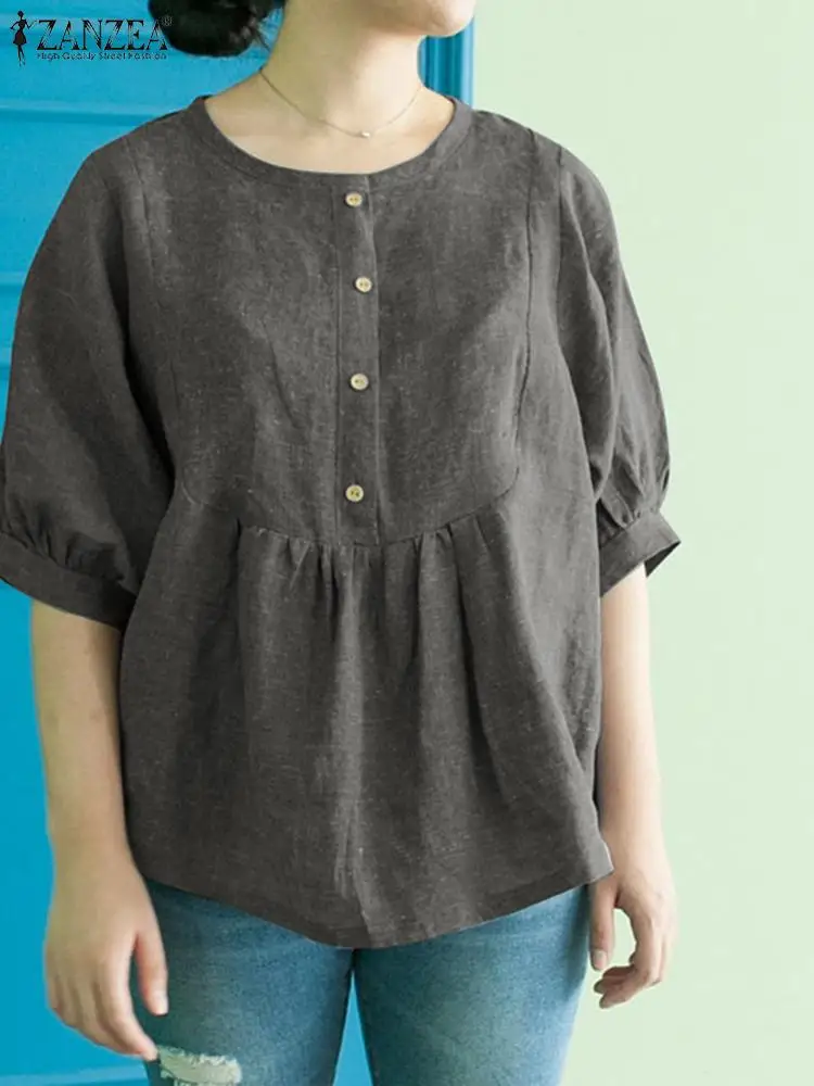 

Женская элегантная рубашка ZANZEA с круглым вырезом, Женская стильная блузка с пышными рукавами, Однотонная рубашка на пуговицах, повседневные свободные пляжные Топы большого размера