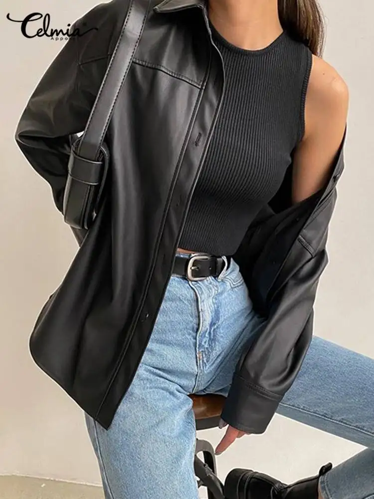 Womens Leather Jacket Autumn 2022 Thin Bomber Jacket Celmia Vintage Long Sleeve Coats Buttons Lapel Casual Solid Work Outerwear