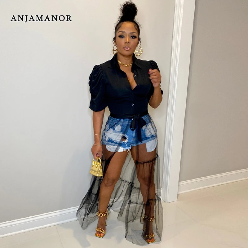 

Платье-рубашка на пуговицах с пышными рукавами и прозрачной сетчатой юбкой