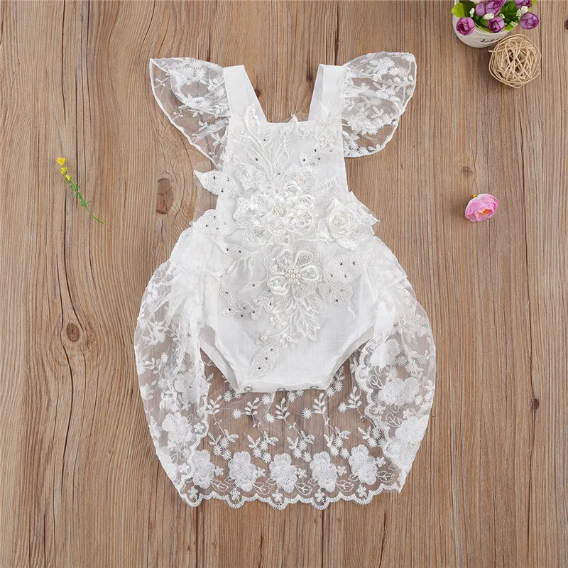

Cute Infant Newborn Girl Lace 3D Flower Embroidery Flying Sleeve Pearl Princess Romper White Baby Clothing