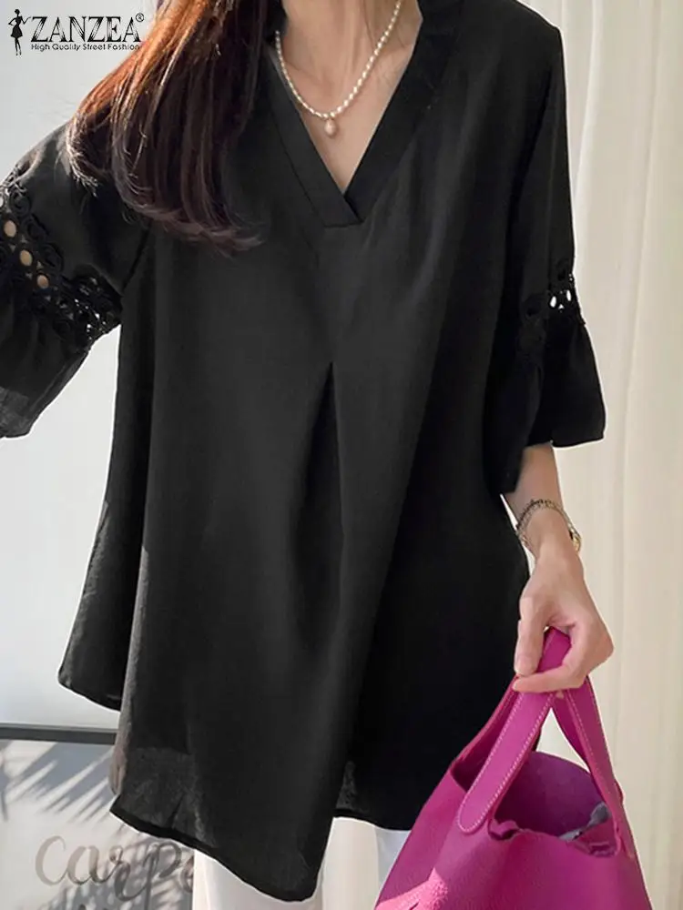 

Женская однотонная блузка ZANZEA, Повседневная Свободная модная блузка, осень 2022, рубашка с расклешенными рукавами, кружевные винтажные топы с...