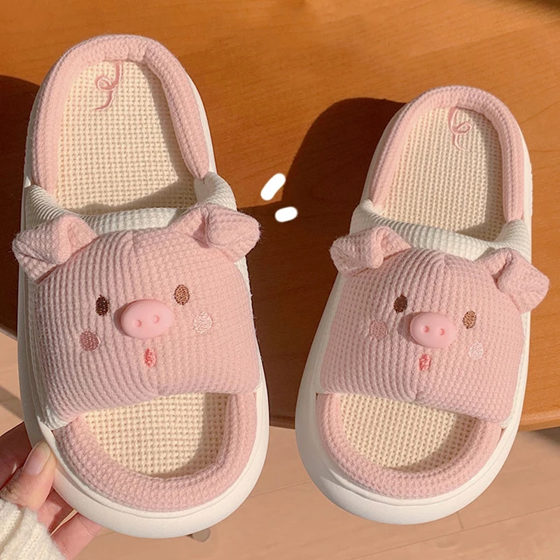 Hemp Women Slippers Cute Pink Piglet Modeling Design  Home Cotton Flax Ladies Casual Shoes Non-slip Bedroom Woman Slides Shoes