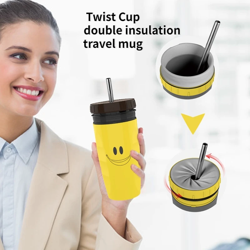

Portable Coffee Cup with Straw 300ML Coverless Mug Creative Twist Lid Thermos Double-walled Ice Cold Drink Coffee Juice Tea Cups