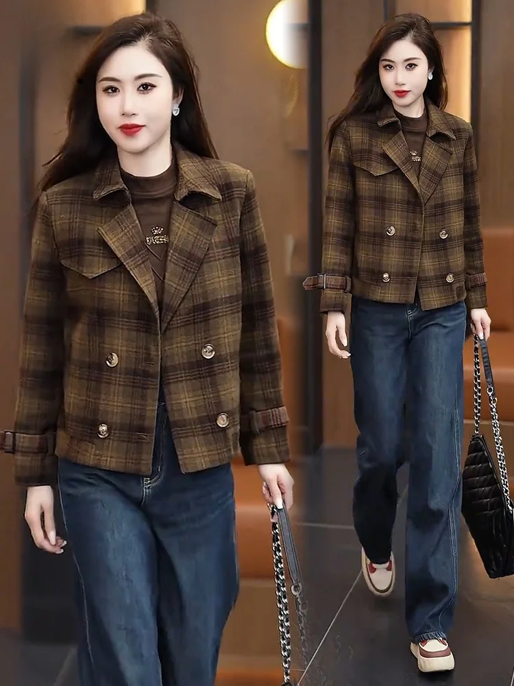 Женская шерстяная куртка в клетку Дятел новинка зимы 2024 теплое шерстяное пальто