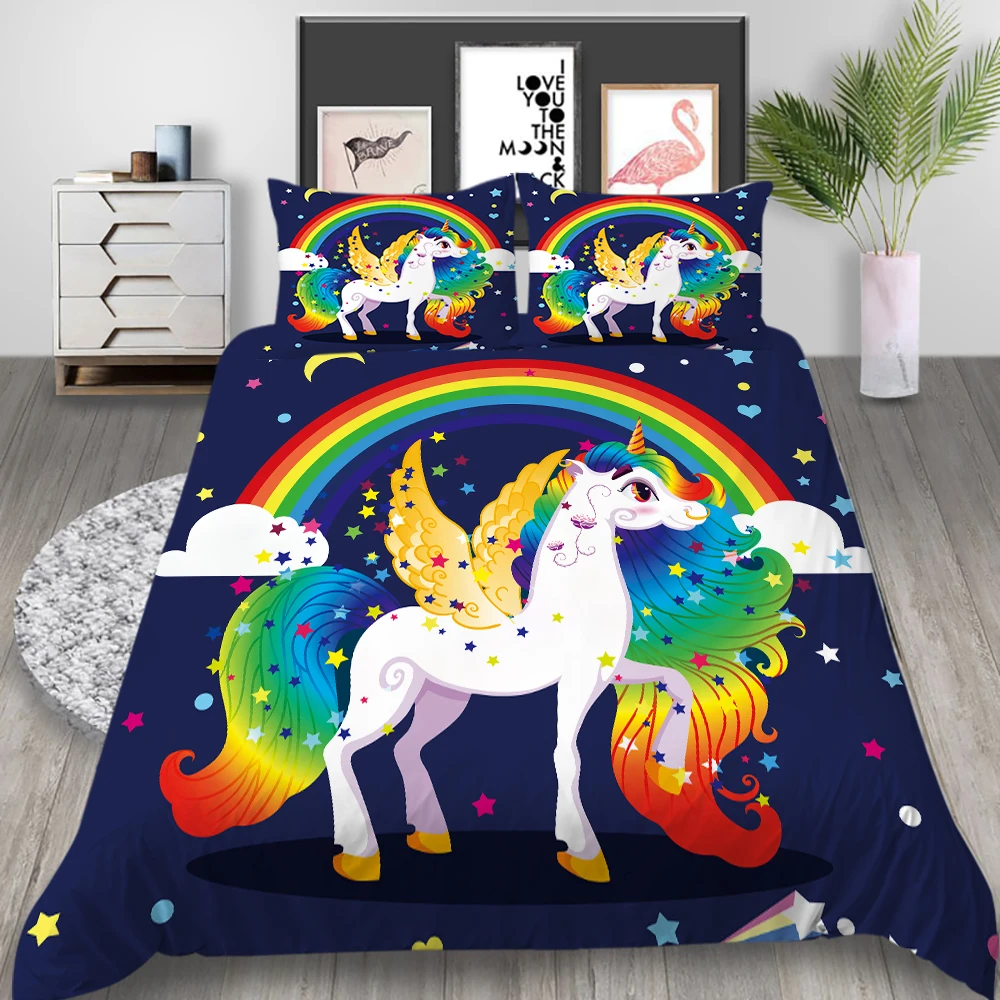 

European Pattern Hot Sale Soft Bedding Set 3d Digital Unicorn Printing 2/3pcs High Quality Duvet Cover Set ES/DE/EU/US Size