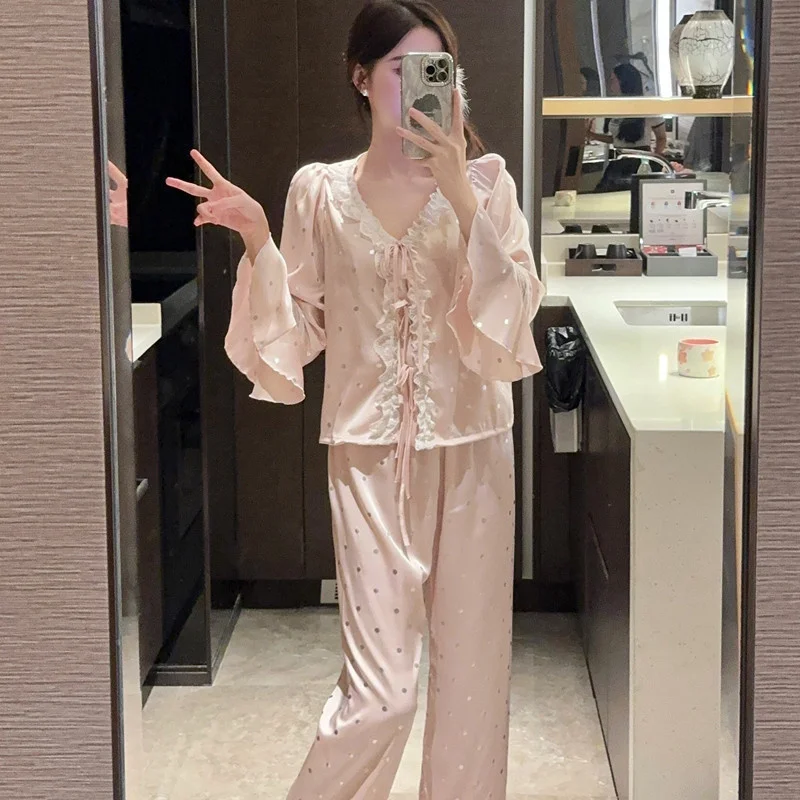 Милые пижамы с рюшами женские весенне-осенние пижамные комплекты из 2 предметов