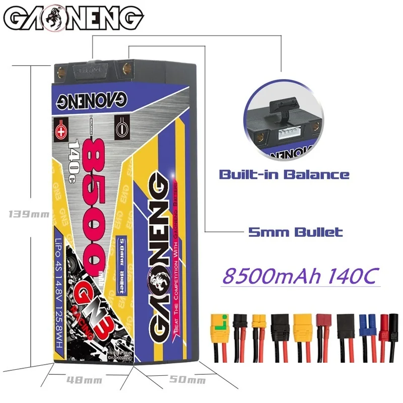 

Литий-полимерный аккумулятор MAX 280C GNB 4S 14,8 в 8500 мАч для 1:8 радиоуправляемых автомобилей 4WD, альпинизма, лодок, жесткий корпус 5,0 мм, пуля с батар...