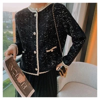 women button up sweater coat female formal knit cardigans lace o neck casual knitwear winter elegant retro pearl beading tops