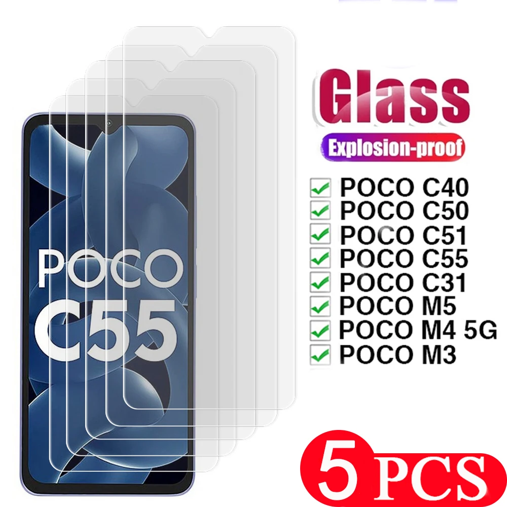 

5Pcs phone Glass For xiaomi Poco F5 Pro C55 screen protector For Poco C40 C50 C51 M5 M4 5G M3 C31 Tempered glass protective film