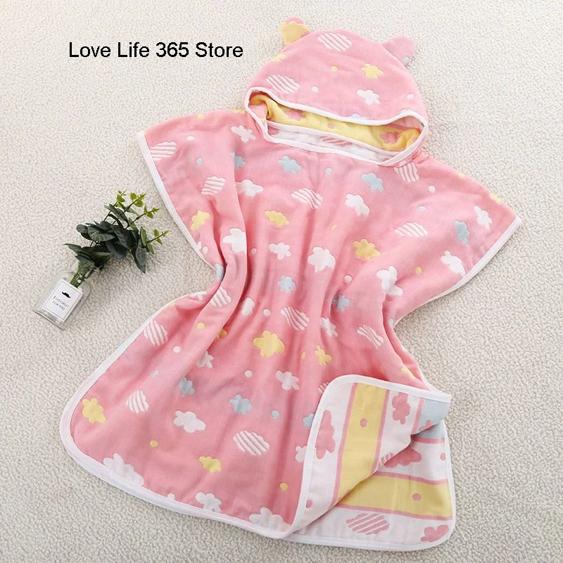 

6 Layer Gauze Children's Bath Towel Cape Cotton Pink Baby Shower Robe Soft Poncho Kids Bathing Stuff For Babies Washcloth