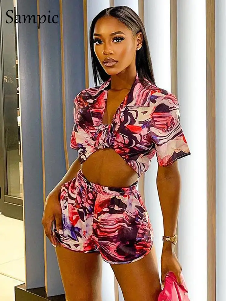 

Sampic 2022 Shorts 2 Piece Set Women Outfits Ripple Print Y2K Chic Button Lapel Short Sleeve Shirt Short Pants Summer Streetwear
