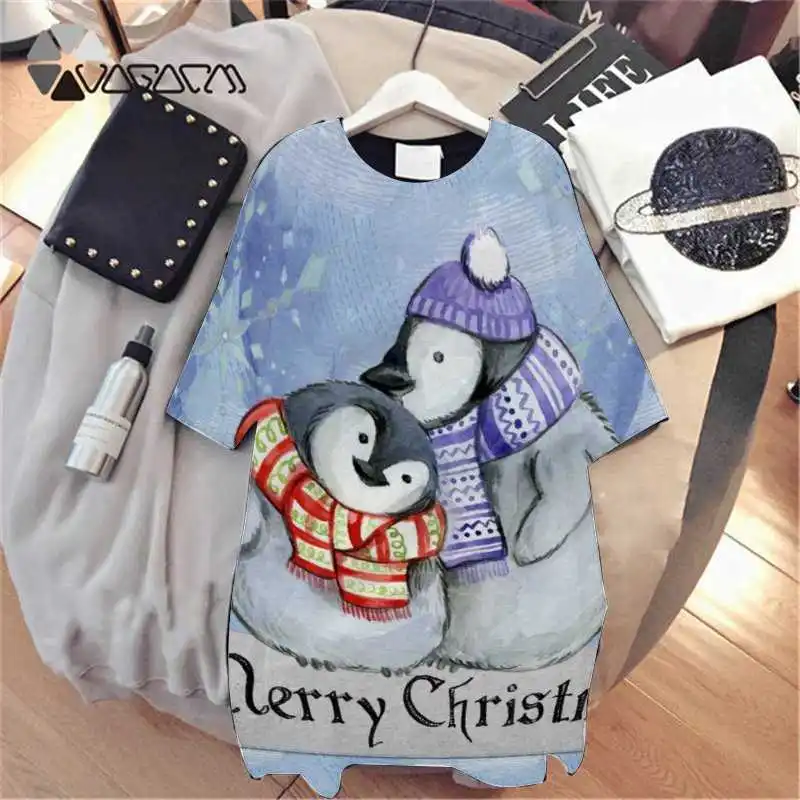 

Kawaii Dress Lady Penguin Elk Cartoon Print Dresses Vestidos Short Sleeve Casual Woman Elegant Dress Merry Christmas Clothes