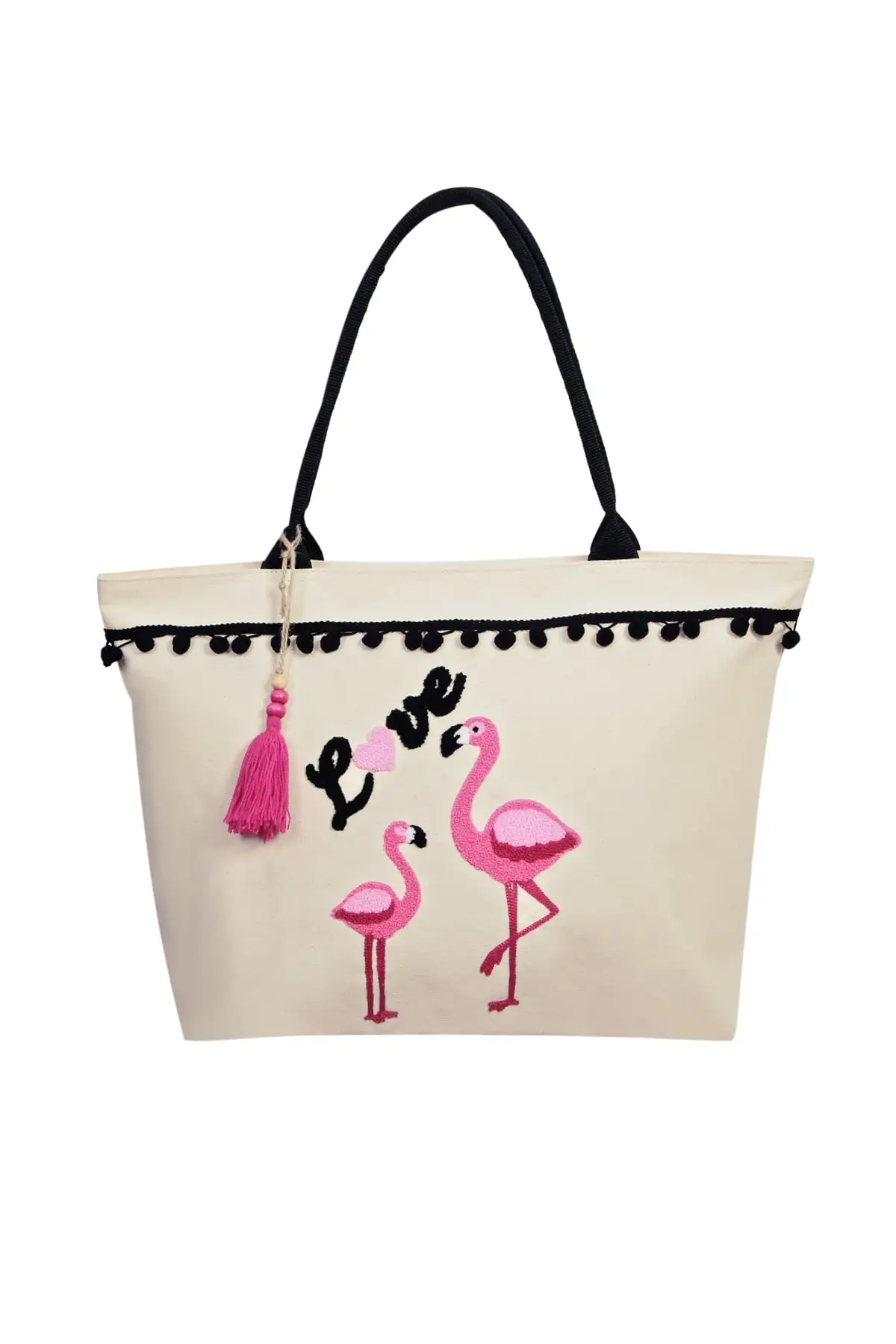 Female Ecru Flamingo Embroidered Pockets Zipper Stylish Design Beach Bag Large-Capacity Wild Casual Women 'S Fashion From Shoulder Luxury Famous