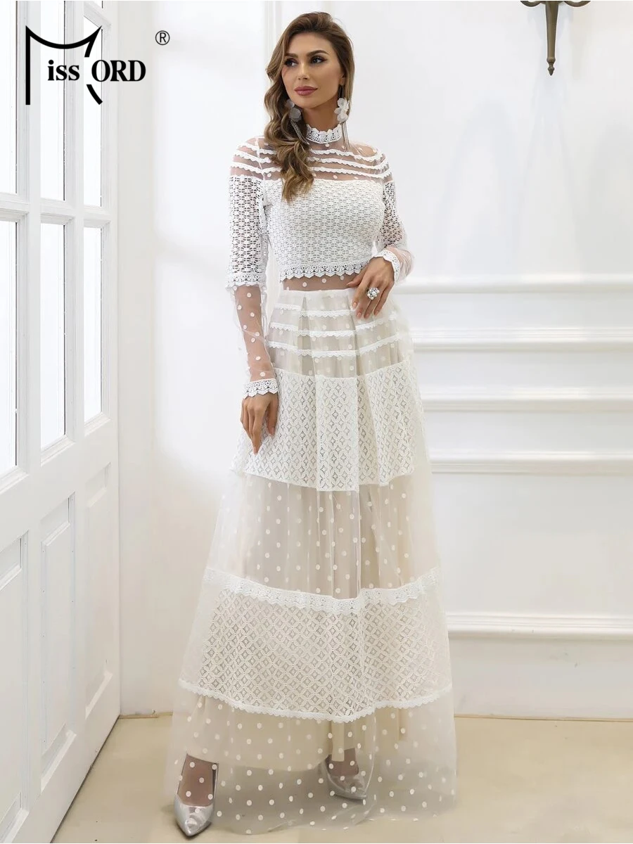 

Missord Women 2022 Sexy High Neck Long Sleeve Dot Dresses summer Female Lace Dress Casual Elegant white Dress