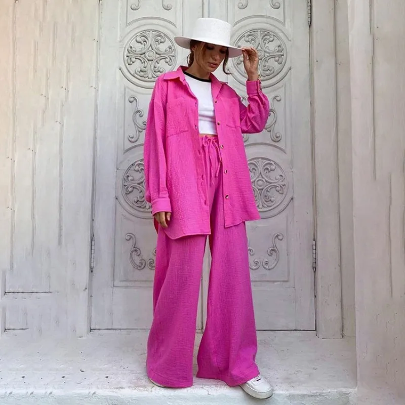 

Повседневный свободный розовый комплект из двух предметов, женская модная блузка с длинным рукавом, подходящий костюм с широкими брюками, комплекты со шнуровкой