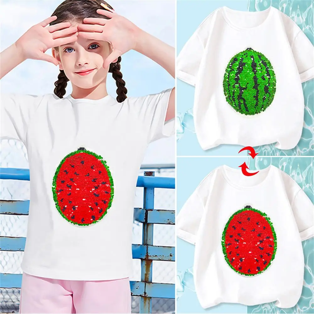 

Summer Cotton Adult and Children's Fun T-shirt Watermelon Sequins Children's Clothing Medium and Big Boys and Girls Short Sleeve