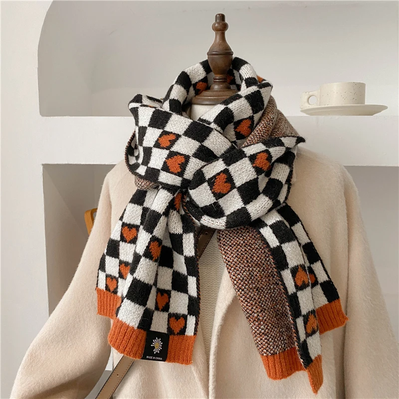 

Design Knitted Scarf for Women Plaid Woolen Yarn Shawls Winter Korean Style Muffler Elastic New Wrap Bufanda Warm Neckerchief