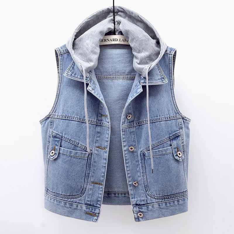 

Removable Hooded Denim Vest Women Casual Waistcoat Vintage Wash Blue Cowboy Sleeveless Jacket Slim Short Thin Jeans Vests Female