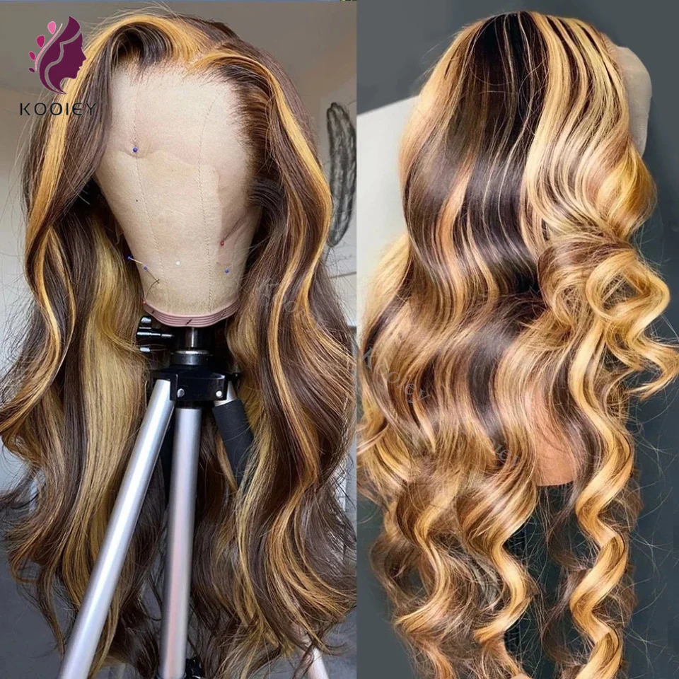 Honey Blonde Brown Highligh 5x5 Silk Top Human Hair Wig Brazilian Body Wave Ombre 13x4 Lace Front HD Transparent Wigs